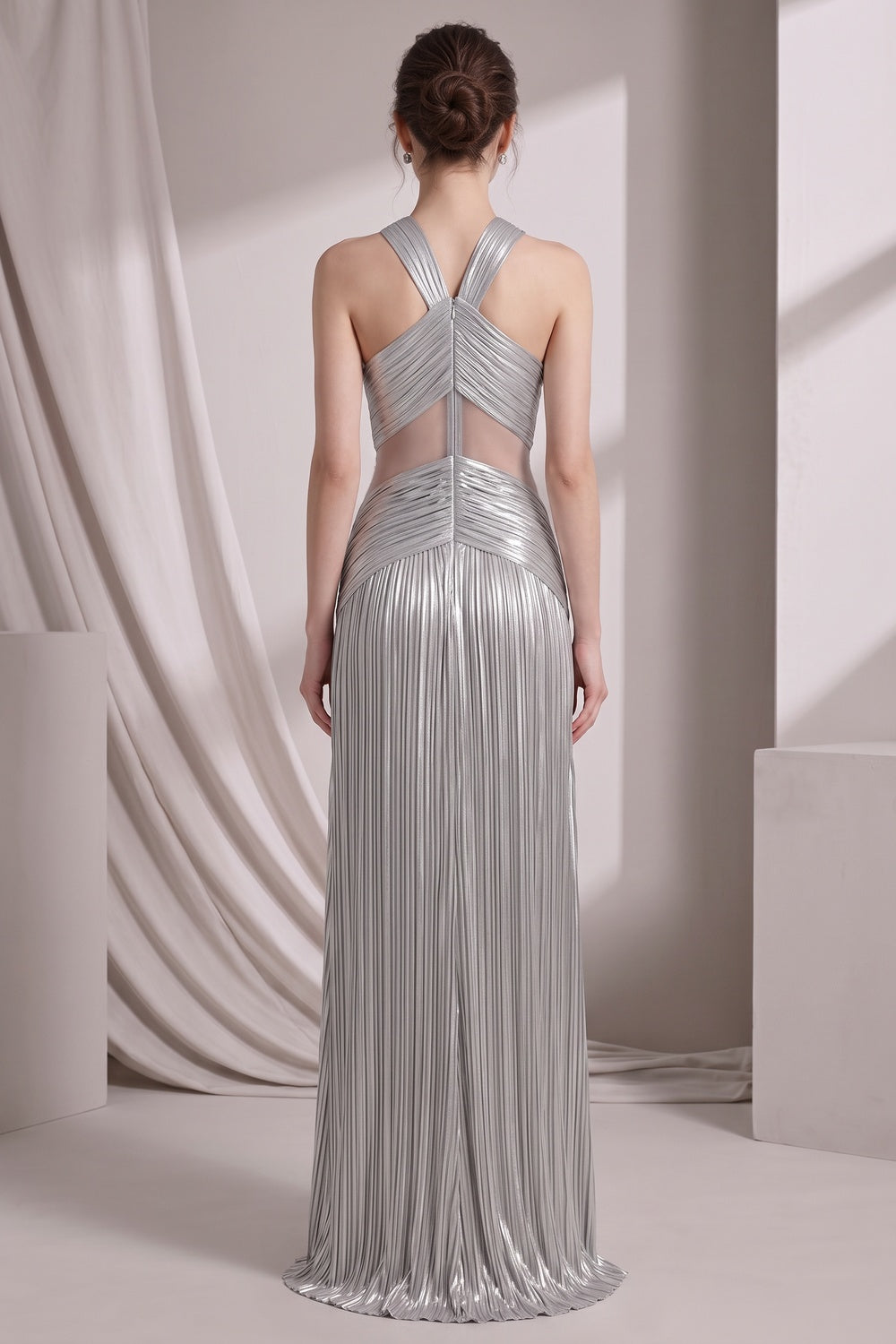 Silver Metallic Plissé Column Gown silver metallic plissé gown - product view 5