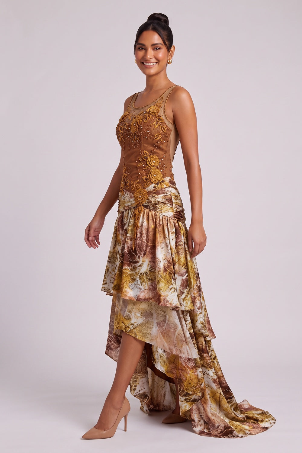 Brown Silk Blend Asymmetric Tiered Gown Dress brown, gold, ochre silk blend dress - product view 3