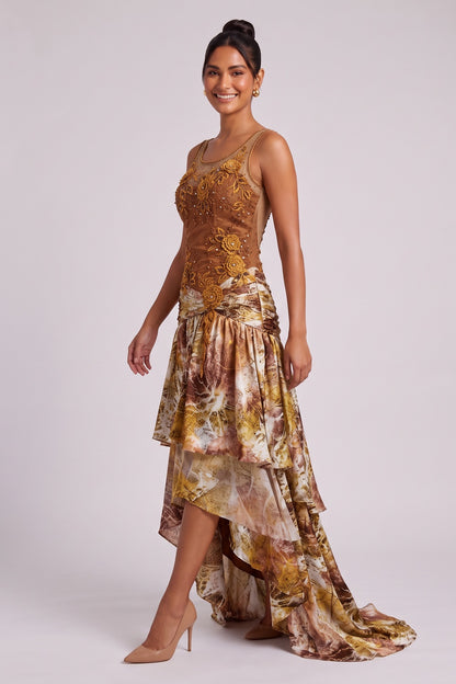 Brown Silk Blend Asymmetric Tiered Gown Dress brown, gold, ochre silk blend dress - product view 3