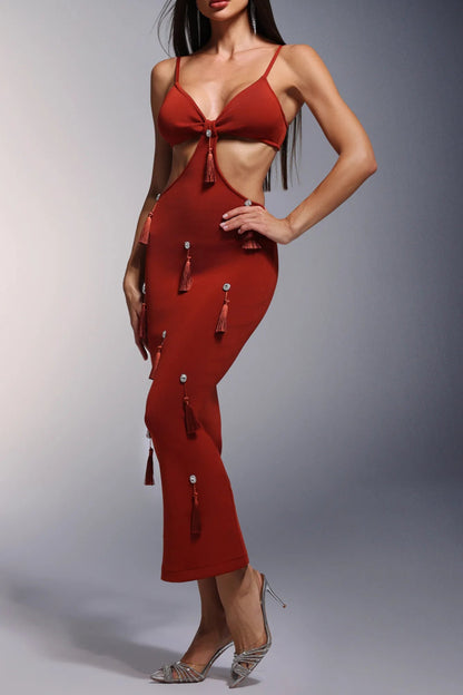 Deep-V Diamond Tassels Bandage Maxi Dress in red