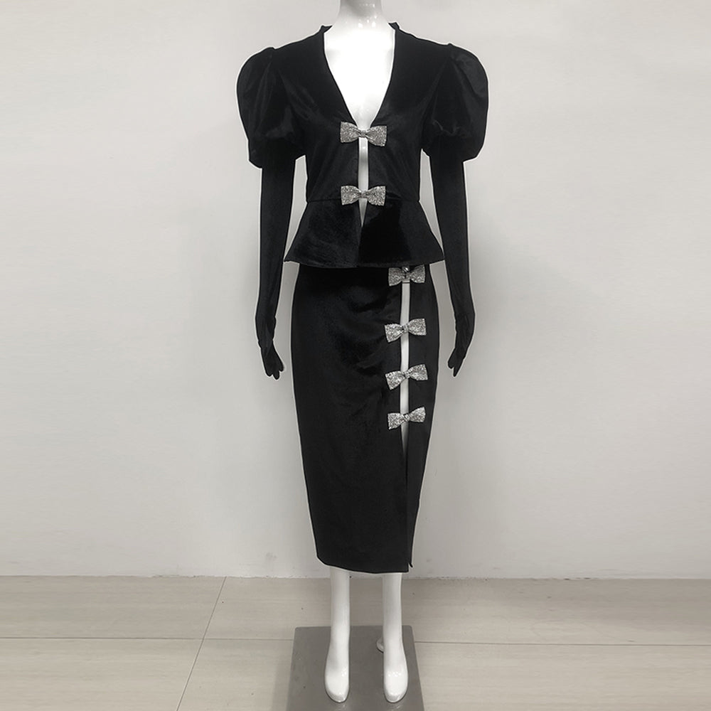 victoria cut out bow mini dress set in black
