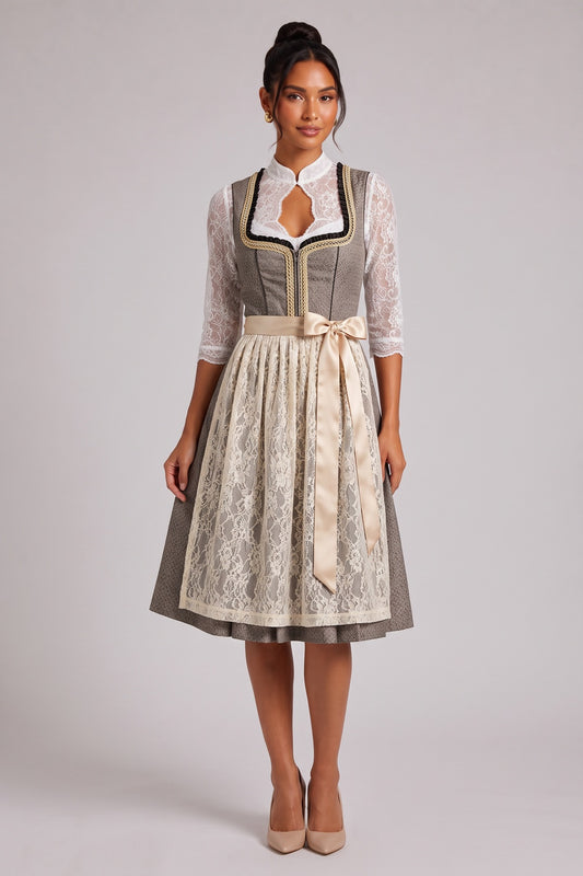 grey-brown melange textured woven jacquard fit-and-flare dirndl dress set grey-brown melange, cream-white textured woven jacquard dirndl dress set - product view 1