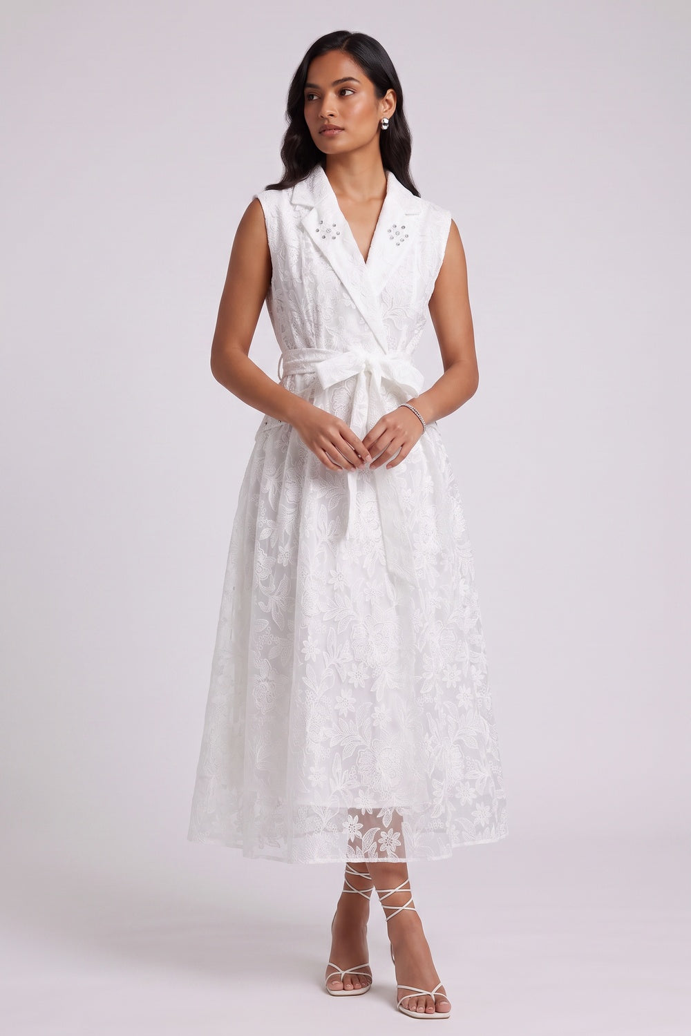 White Floral Lace A-Line Midi Dress white floral lace dress - product view 3