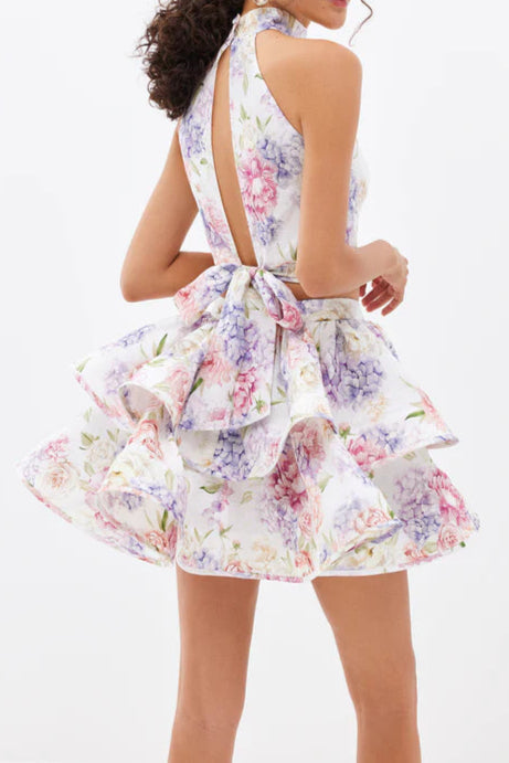 jessica printed backless halter top skirt set in pink