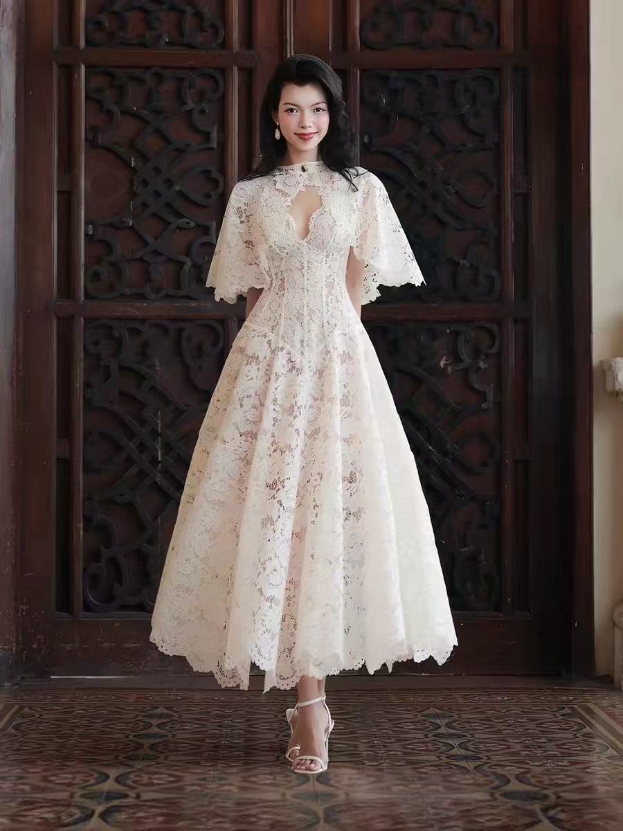 White Floral Lace A-Line Midi Dress with Keyhole Neckline
