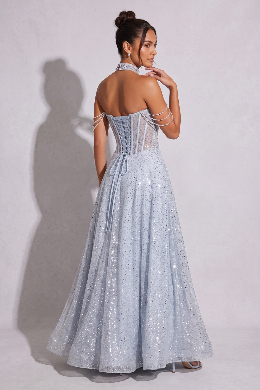 Ice blue Glitter-dusted tulle A-line Gown Ice blue, Silver Glitter-dusted tulle Gown - product view 3