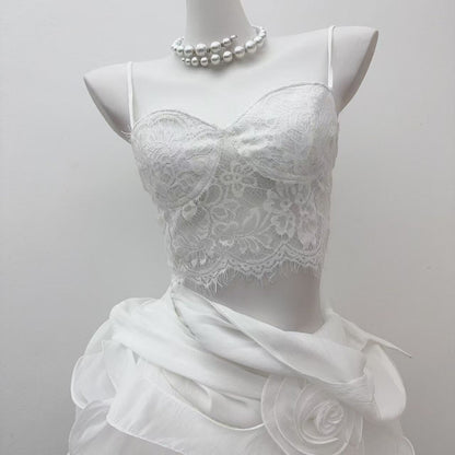 flower ruffle ribbon mini dress in white