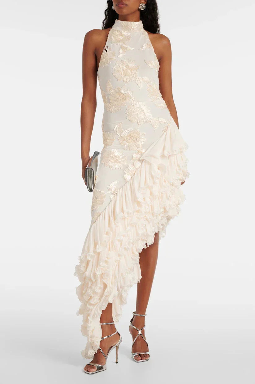 roberta white Asymmetric appliqué halter sleeveless midi dress