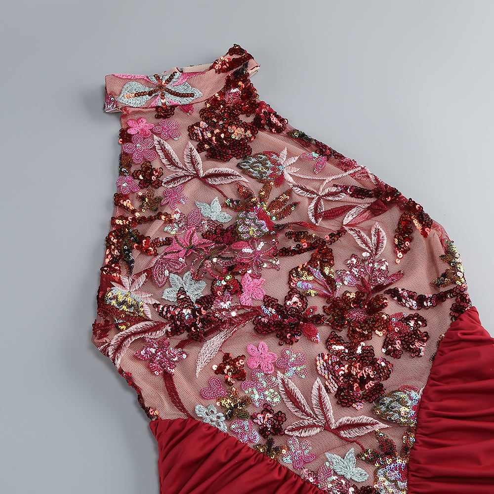 tracy sequin embroidery halter maxi dress in red