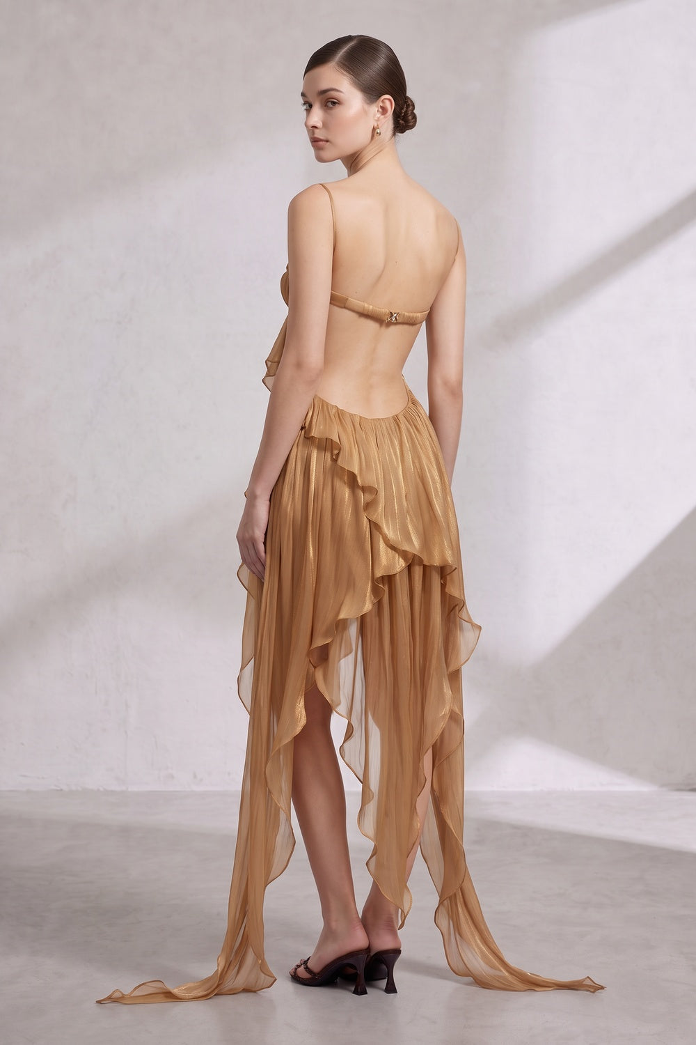 Gold Sheer Chiffon Asymmetrical High-Low Draped Dress with Open Back gold, bronze sheer chiffon dress - product view 5