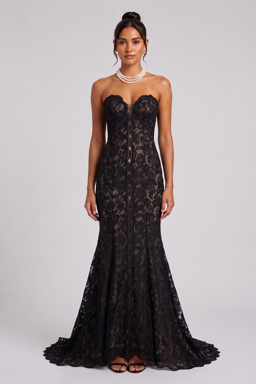 Black Lace Mermaid Gown with Sheer Plunge Detail black lace gown - product view 1