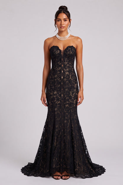 Black Lace Mermaid Gown with Sheer Plunge Detail black lace gown - product view 1