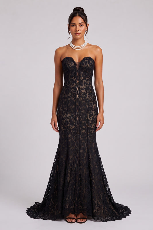 Black Lace Mermaid Gown with Sheer Plunge Detail black lace gown - product view 1