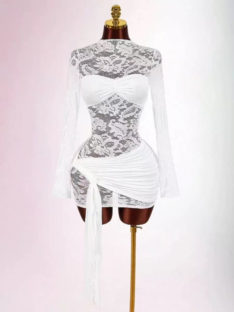 TWISTED LACE MINI DRESS IN WHITE