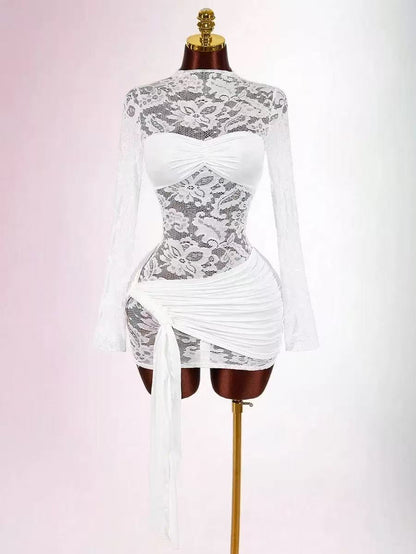 TWISTED LACE MINI DRESS IN WHITE