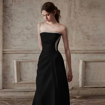 Mermaid Ruched Strapless Beading Black Prom Dress
