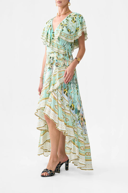 green-multi Printed ruffled V-neck irregular hem silk maxi dress