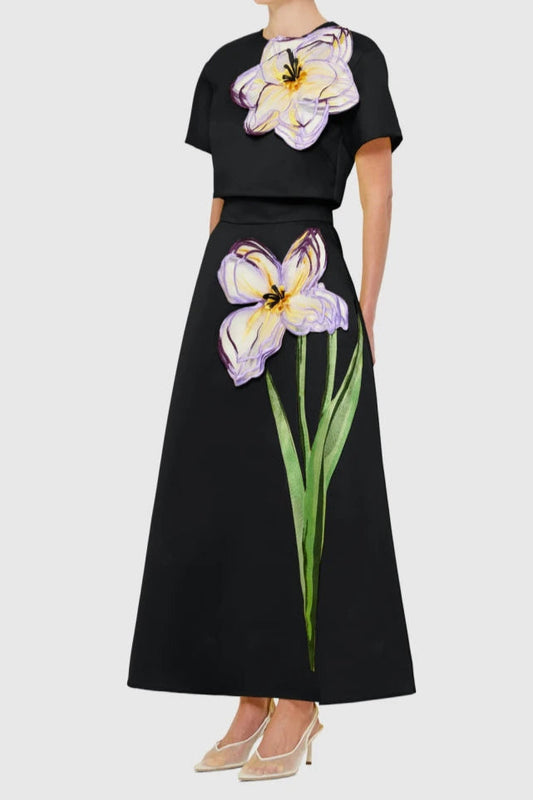 Indie Appliqué Sleeve Iris Print set in black