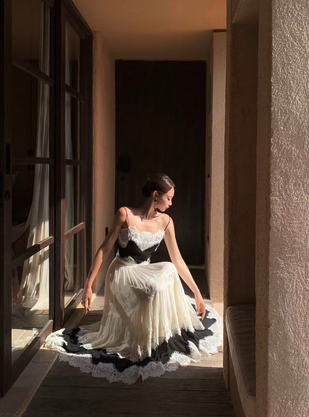 Black & White Lace Tiered Spaghetti Strap Maxi Dress
