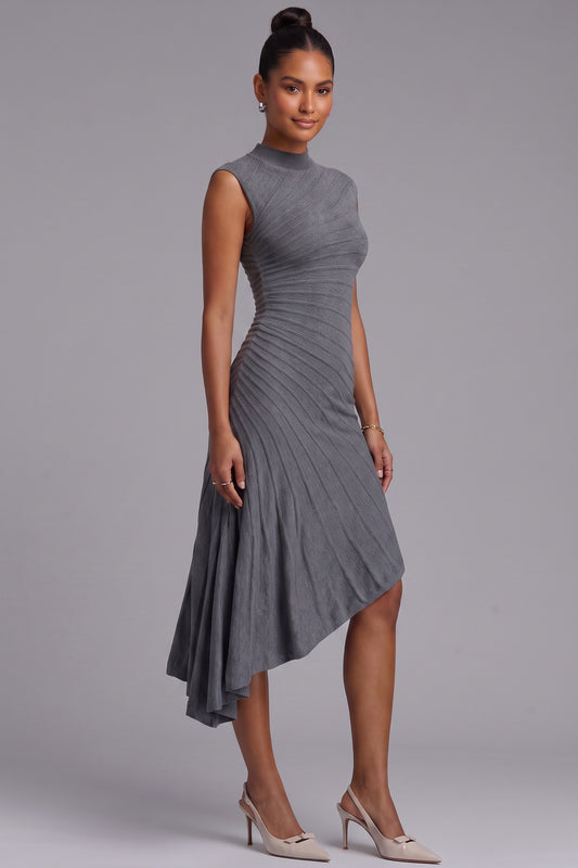 Grey Asymmetric Hem Midi Dress Premium Fabric - product view 1