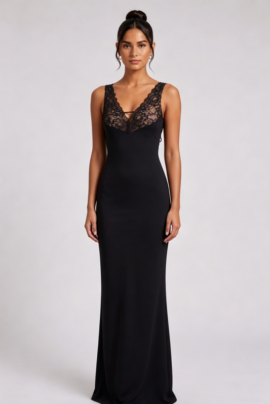Black Matte Crepe Column Evening Gown with Lace Bodice