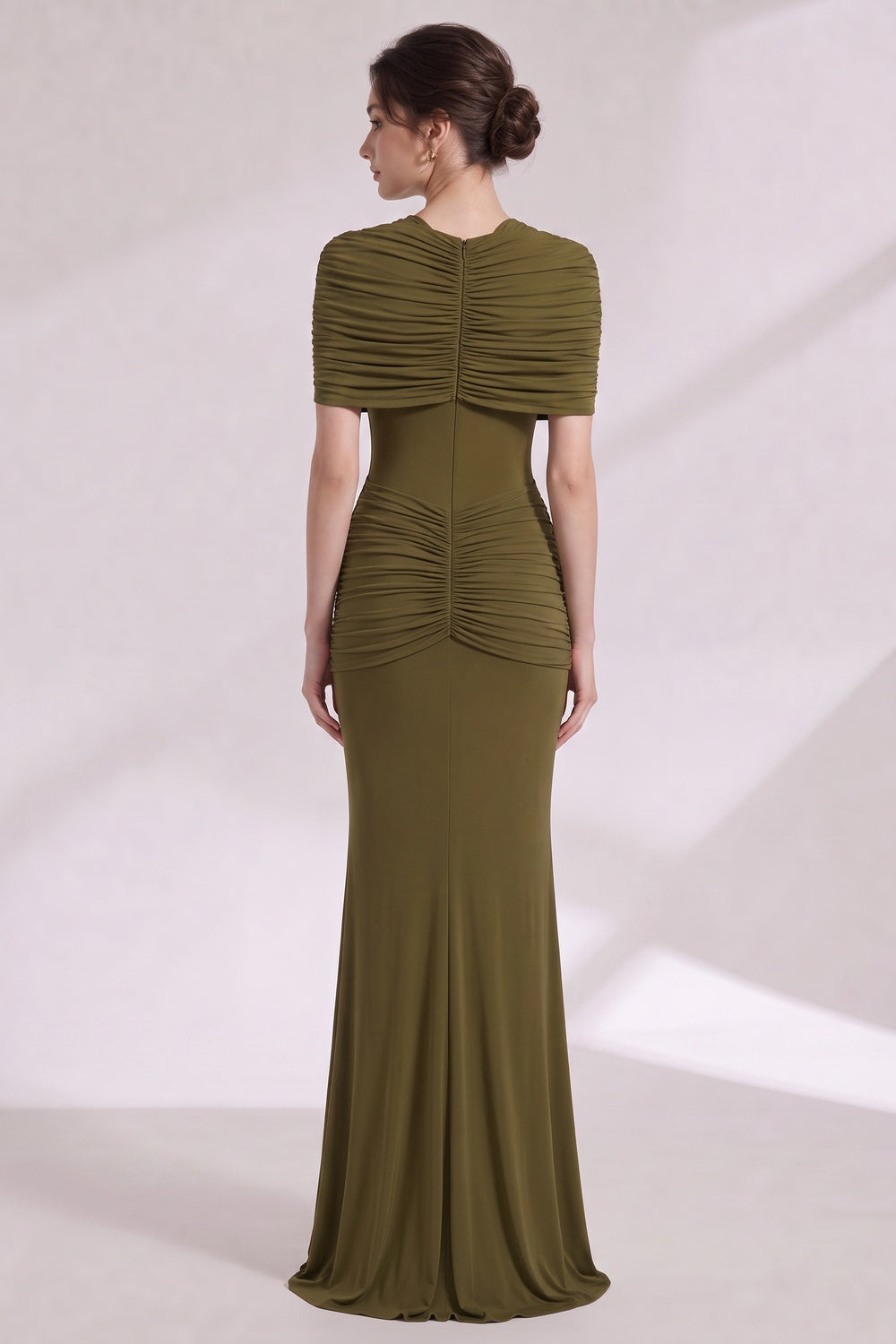 Olive Green Stretch Jersey Column Gown with Ruched Detail olive green stretch jersey gown - product view 5