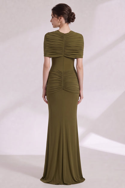 Olive Green Stretch Jersey Column Gown with Ruched Detail olive green stretch jersey gown - product view 5