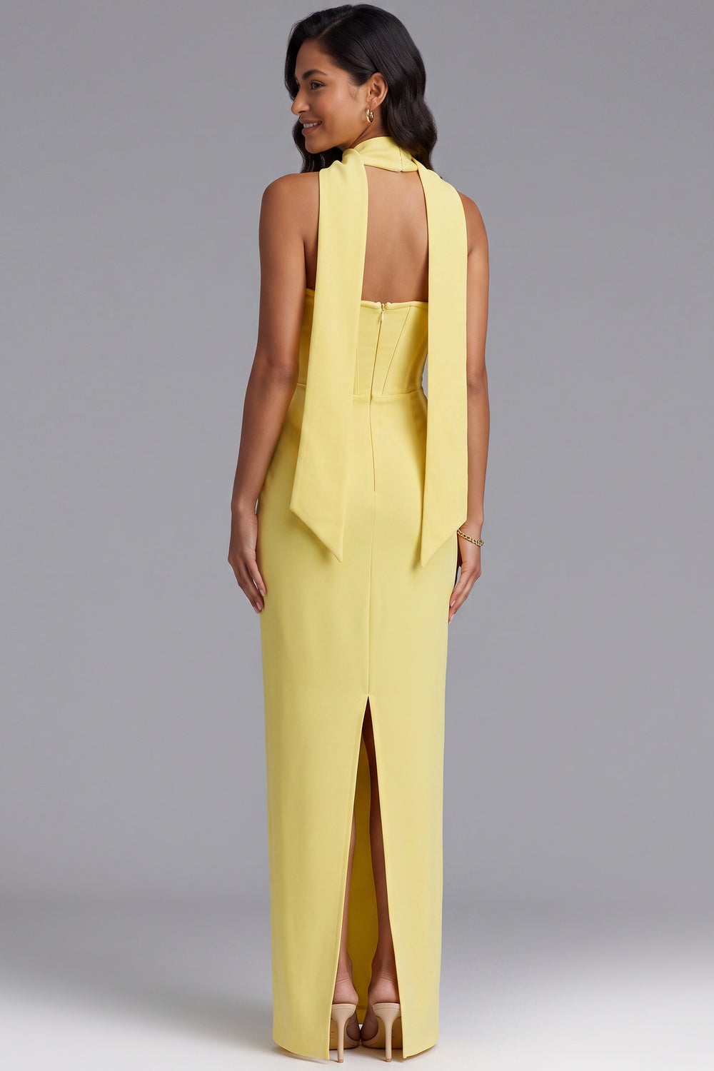 Yellow Halter Maxi Dress with Open Back and Bow Detail Premium Fabric - product view 1