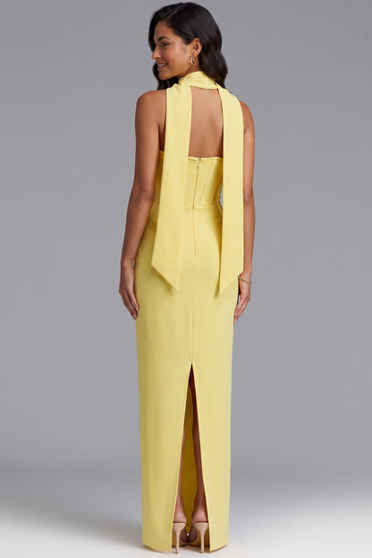 Yellow Halter Maxi Dress with Open Back and Bow Detail Premium Fabric - product view 1