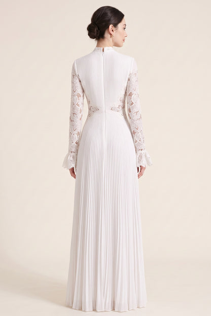 White Pleated Georgette A-Line Gown with Floral Lace white pleated georgette gown - product view 5