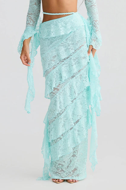 crafted rope crop top  lace skirt set in pale blue