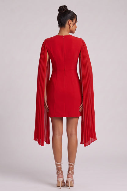 Red Crepe Sheath Dress with Pleated Cape Sleeves red crepe dress - product view 5