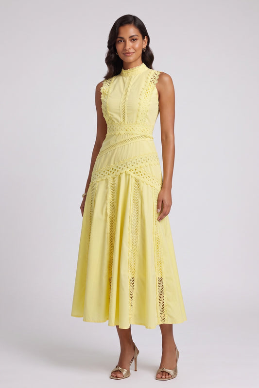 Yellow A-Line Midi Dress with Lace Inserts yellow lightweight woven cotton-blend dress - product view 1