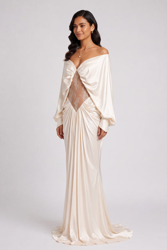 champagne satin column gown champagne satin gown - product view 1