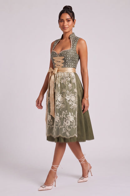 olive green jacquard bodice fit-and-flare dirndl olive green, champagne gold jacquard bodice, satin skirt dirndl - product view 4