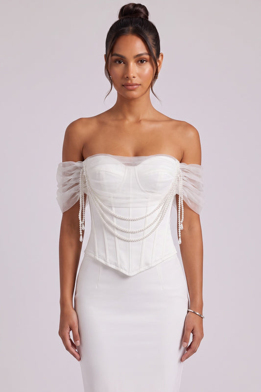 White Structured Satin Corset Top with Pearl-Embellished Off-Shoulder Sleeves white structured satin corset top - product view 2