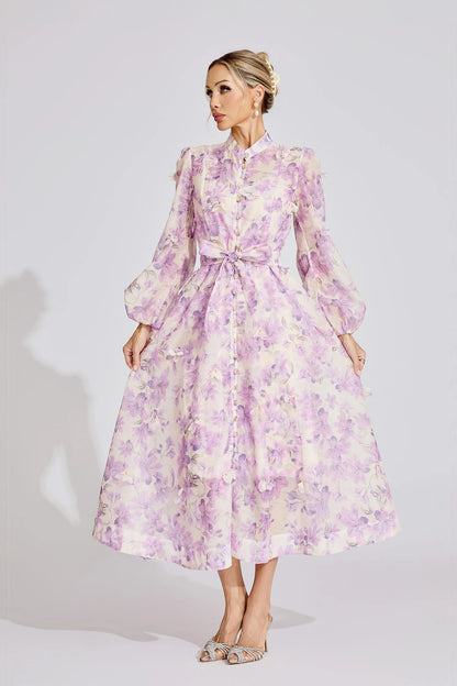 simona Floral print lantern sleeve Maxi Dress in purple