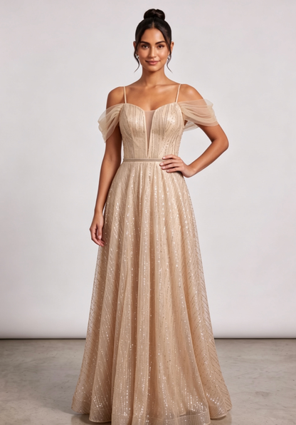 champagne gold glitter tulle a-line evening gown