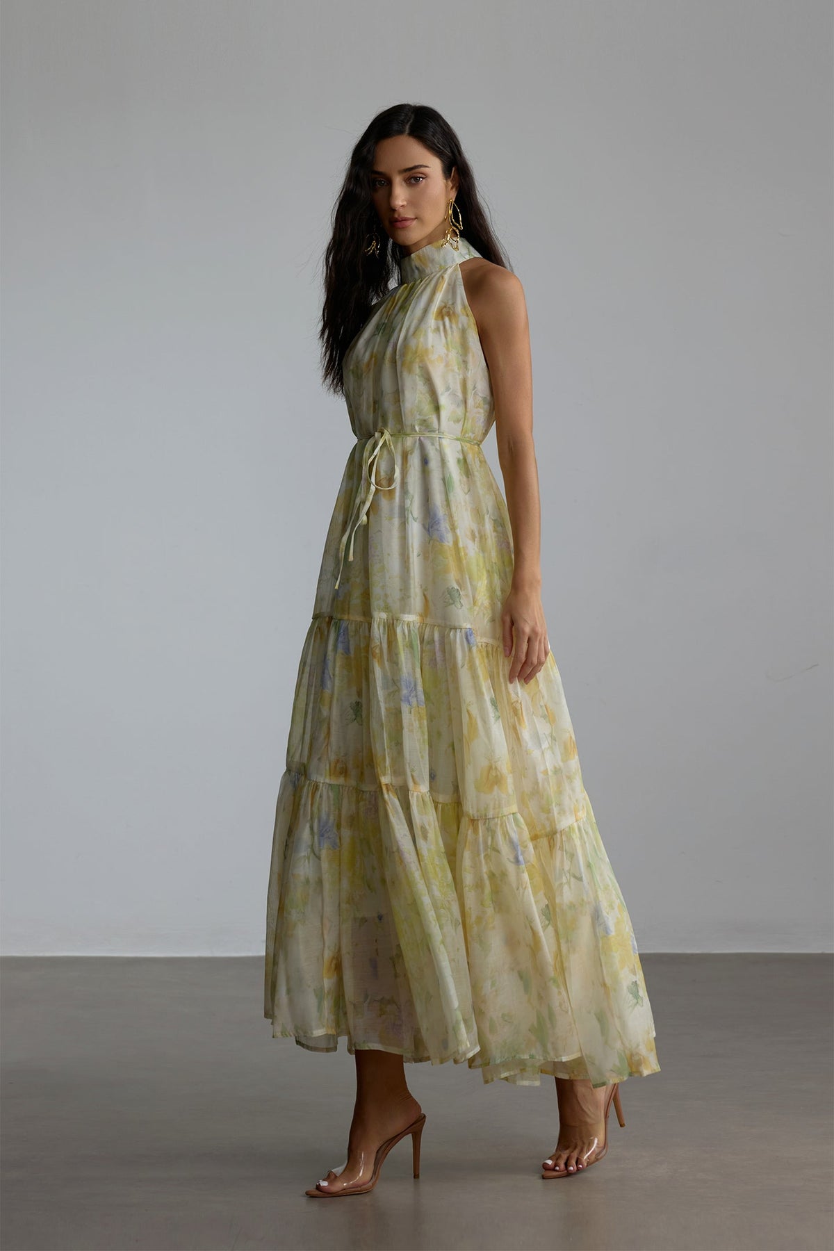 caroline Floral Print Sleeveless Maxi Dress in yellow