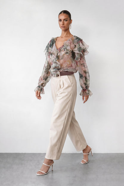 Vintage Rose Print Multi-Layer Ruffle V-Neck Sheer Crinkle Chiffon Long Sleeve Blouse