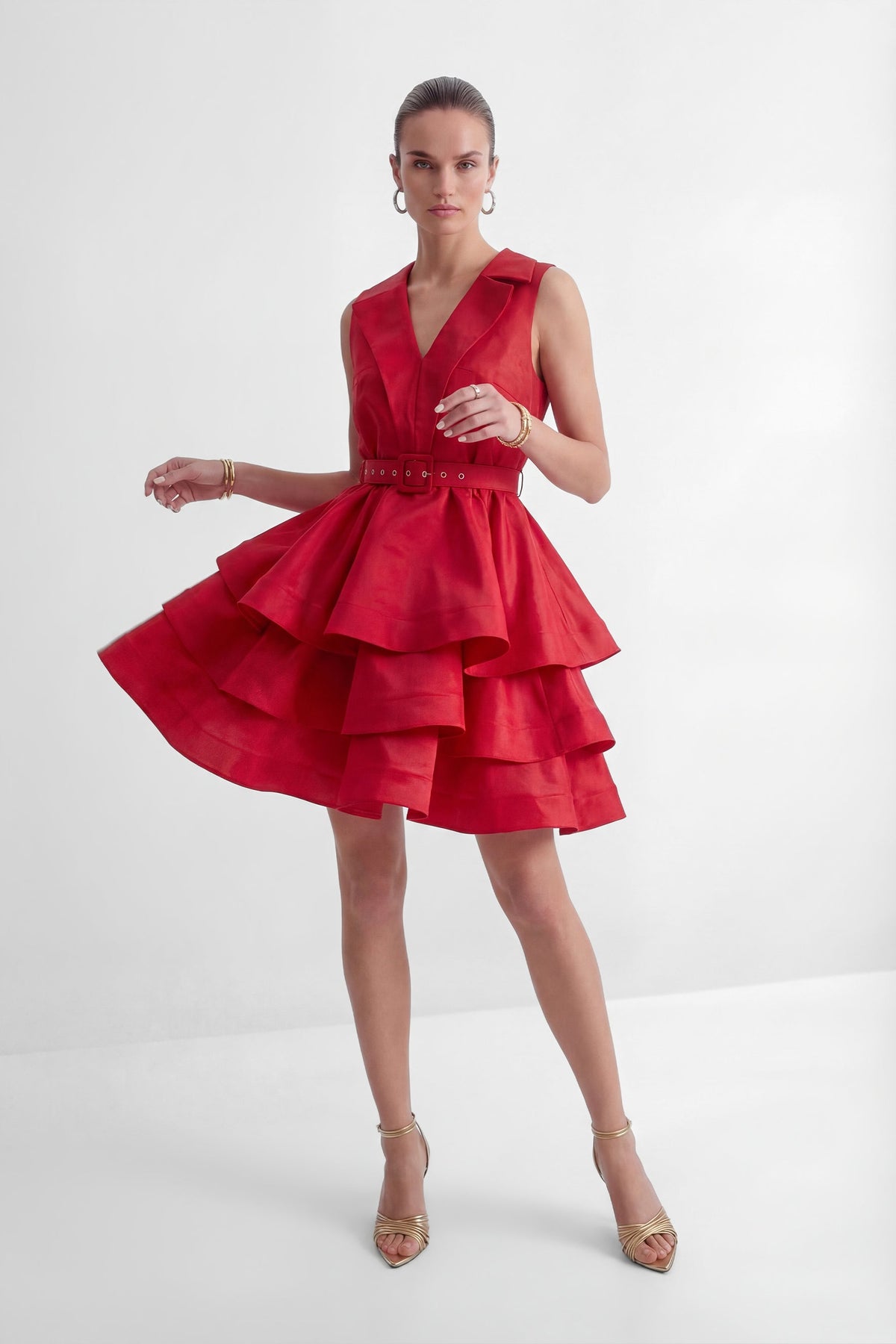 jessica Red V-neck Tiered Ruffle Mini Dress