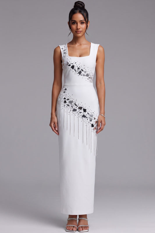 White Crepe Column Maxi Dress with Silver Rhinestone Embellishment white crepe dress - product view 2