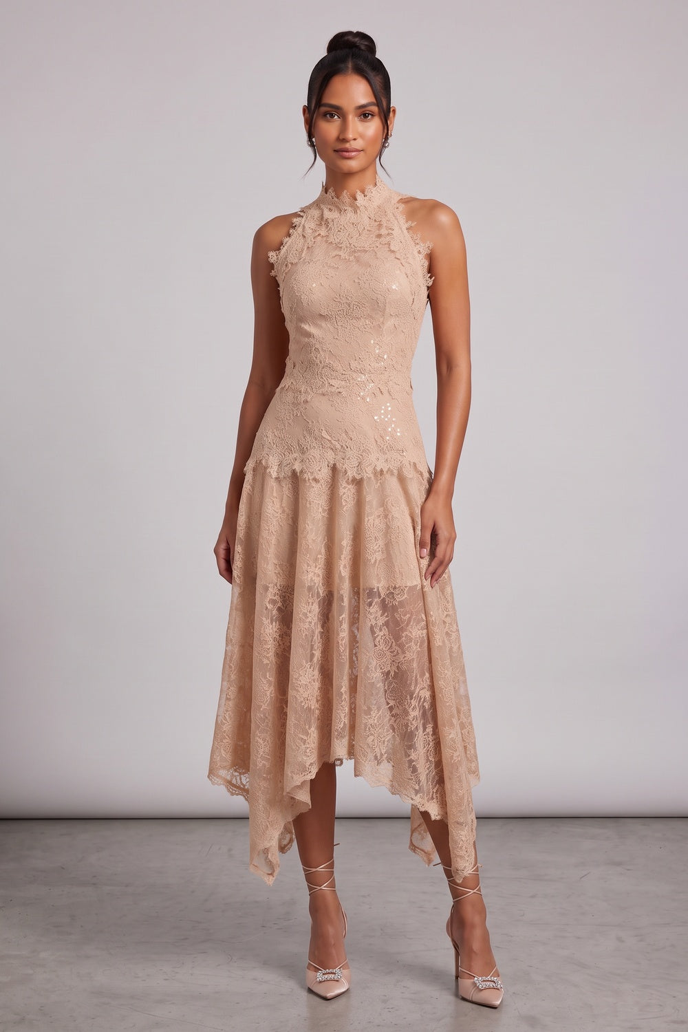 Beige Peach Floral Lace A-Line Midi Dress beige, peach floral lace dress - product view 3