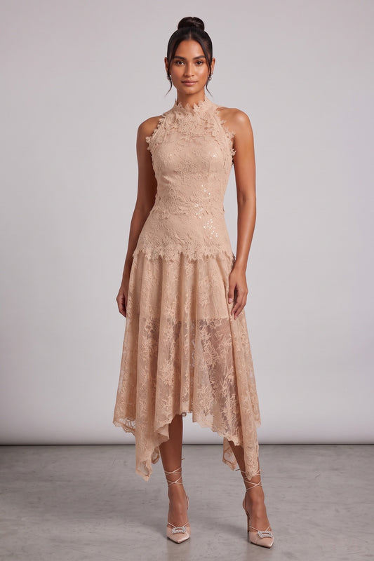 Beige Peach Floral Lace A-Line Midi Dress beige, peach floral lace dress - product view 3