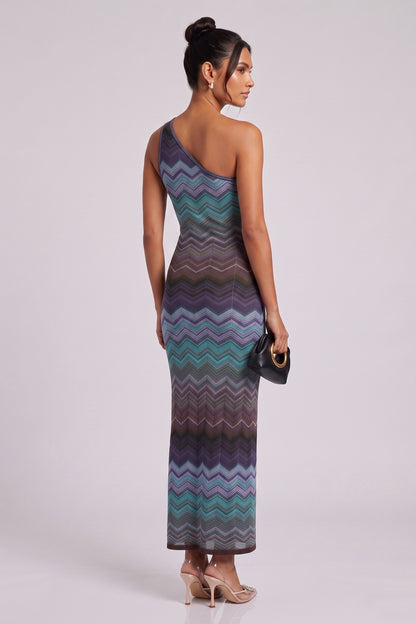 One-Shoulder Chevron Maxi Dress in Teal, Purple & Brown teal, purple, brown fine knit dress - product view 4