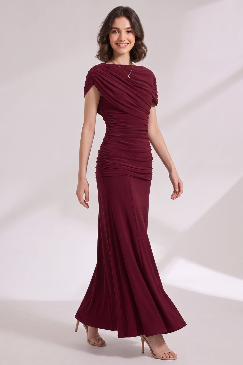 Burgundy Stretch Jersey Fitted Bodice with Flared Skirt Gown burgundy stretch jersey gown - product view 4