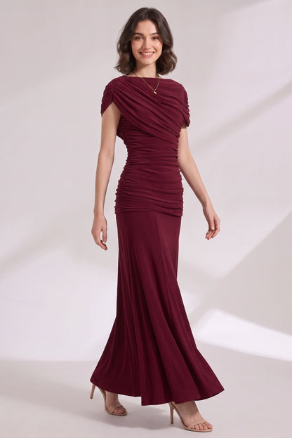 Burgundy Stretch Jersey Fitted Bodice with Flared Skirt Gown burgundy stretch jersey gown - product view 4