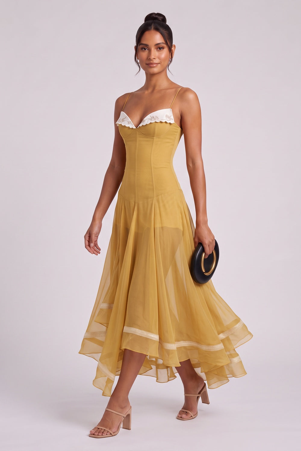 Mustard Yellow Sheer Chiffon Fit-and-Flare Midi Dress with White Scalloped Collar mustard yellow sheer chiffon or organza dress - product view 3