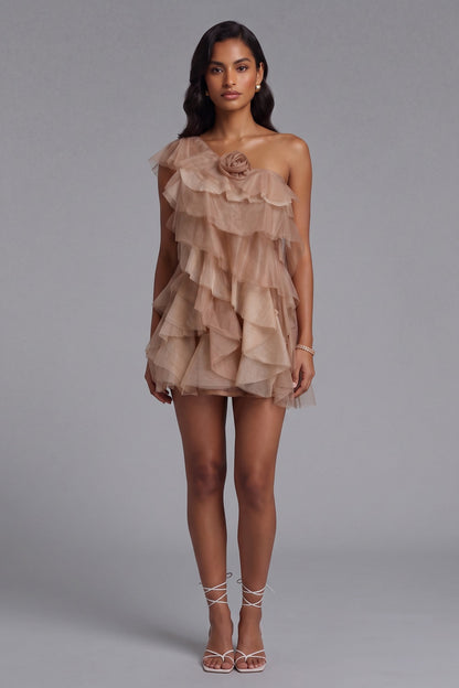 Taupe Tulle A-Line Tiered Mini Dress taupe tulle mini dress - product view 3