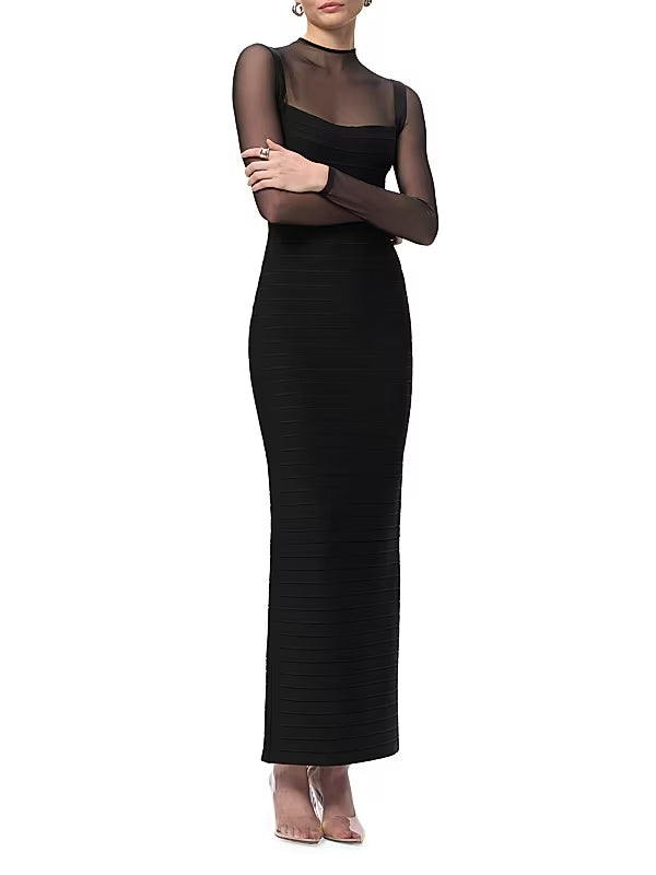 tina black long-sleeve mesh see-through bandage maxi dress